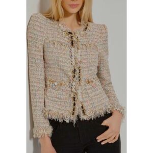 McGinn Elizabeth Tweed Boucle Fringe Blazer Jacket Chain Details Size 8